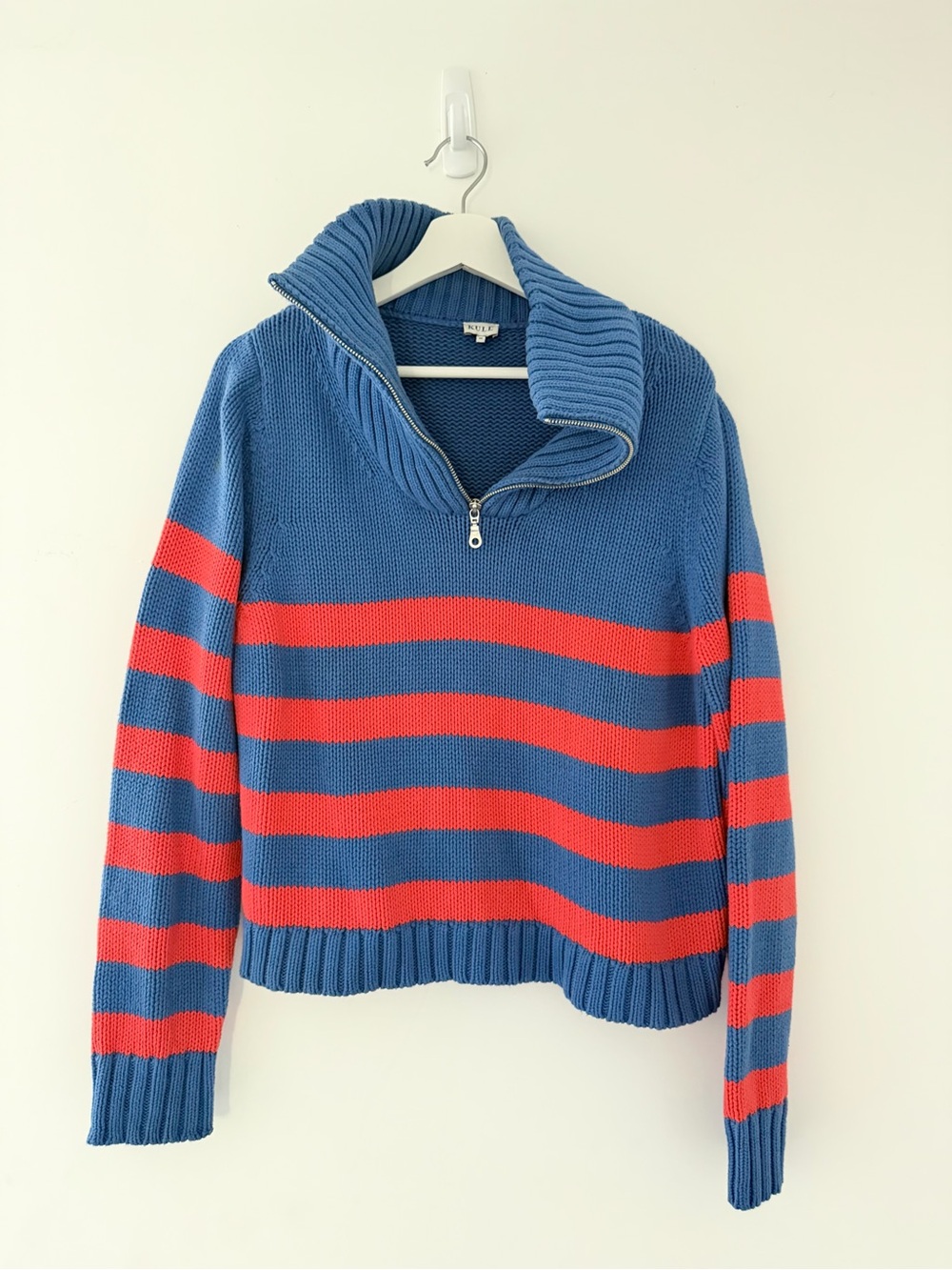 KULE Blue & Red Striped Half-Zip Ribbed Turtleneck Sweater